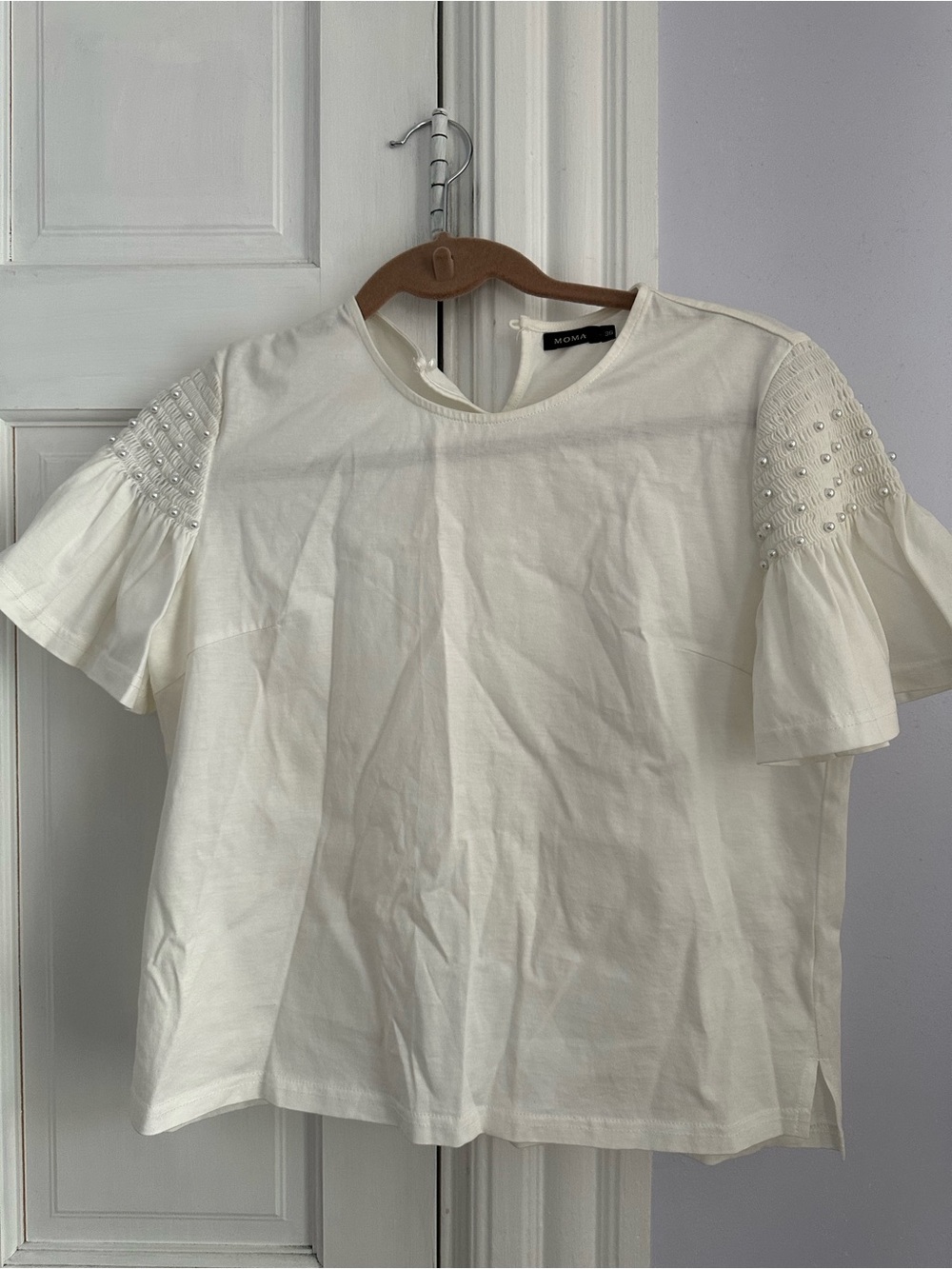 MoMA White Pearl-Embellished Short Sleeve Top